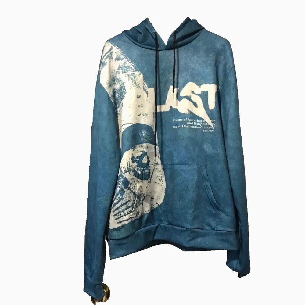 Blast Skull Print Destruction Quote Hoodie Light Blue Men's XL